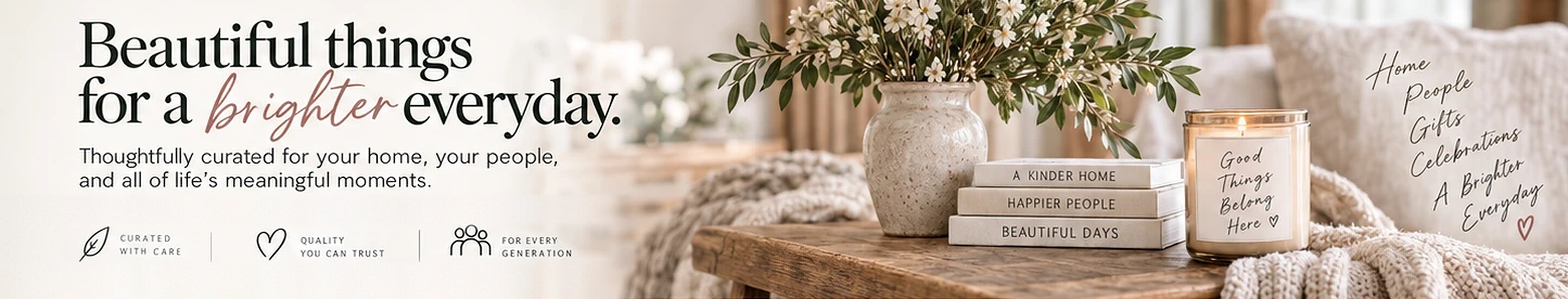 Beautiful things for a brighter everyday — vase of flowers, stacked books and a candle on a rustic table